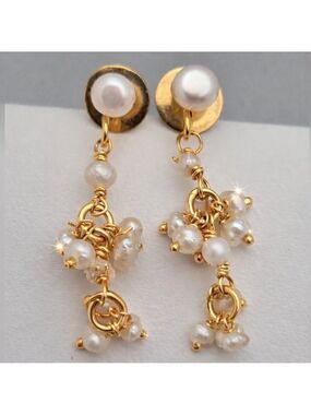 Baroque Genuine Freshwater Pearl Cluster Dangle Earrings Gold-Tone
